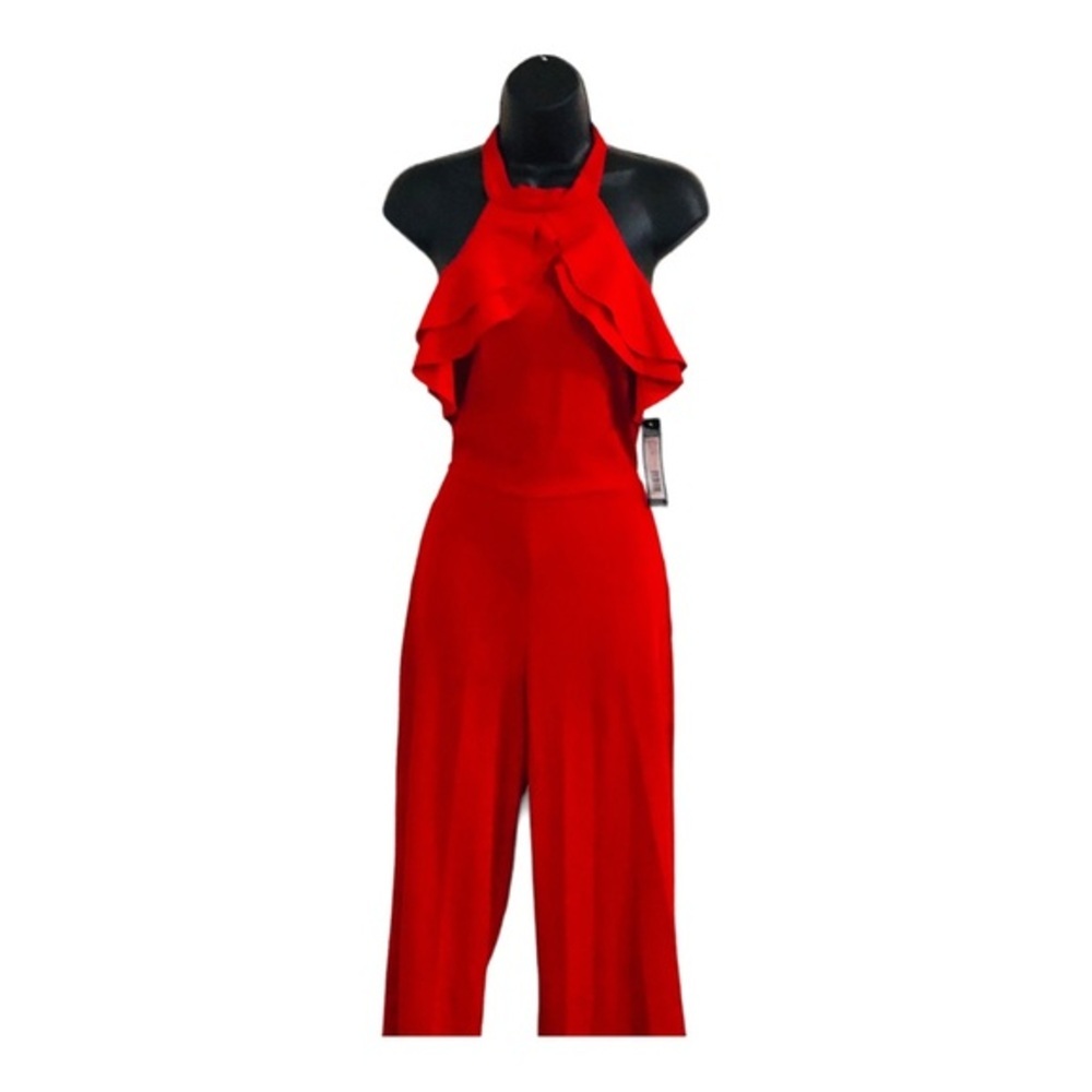 Bebe red Ruffle front belted sleeveless open back‎ Halter Jumpsuit size 2 new - Picture 15 of 15